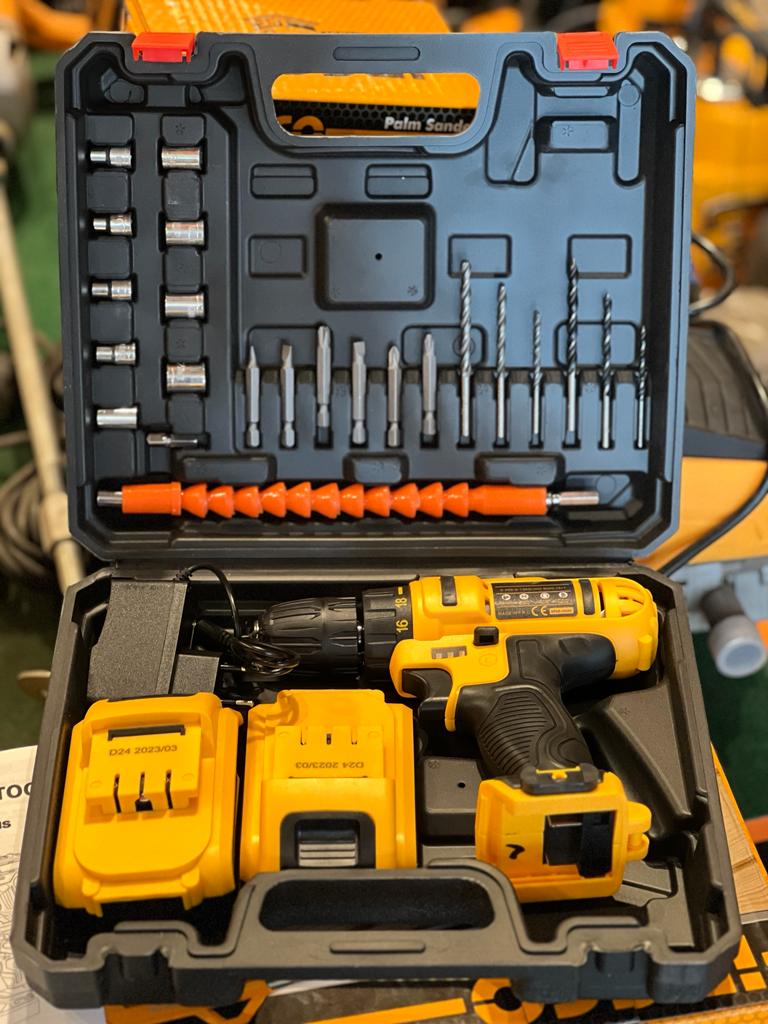 Cordless Drill Machine Kit, 24V, 10Mm Chuck, 25 Accessories, 2 Batteries With Charger And Case,Yellow