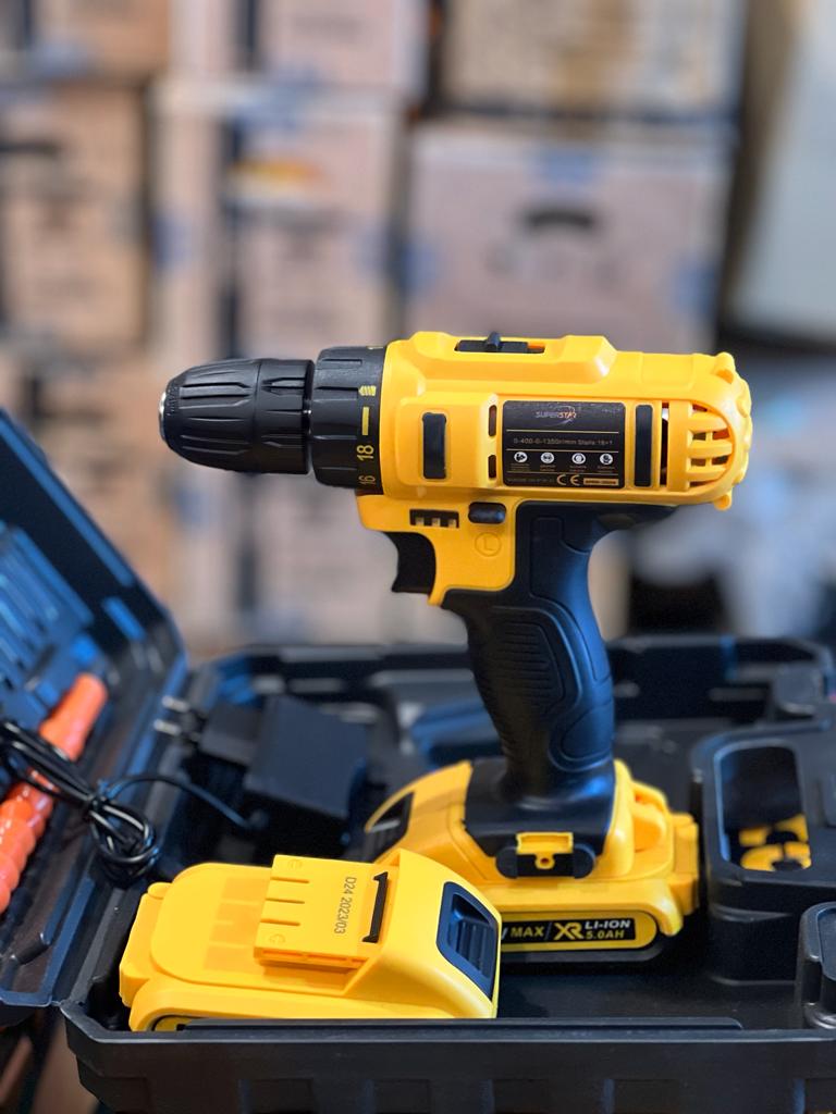 Cordless Drill Machine Kit, 24V, 10Mm Chuck, 25 Accessories, 2 Batteries With Charger And Case,Yellow