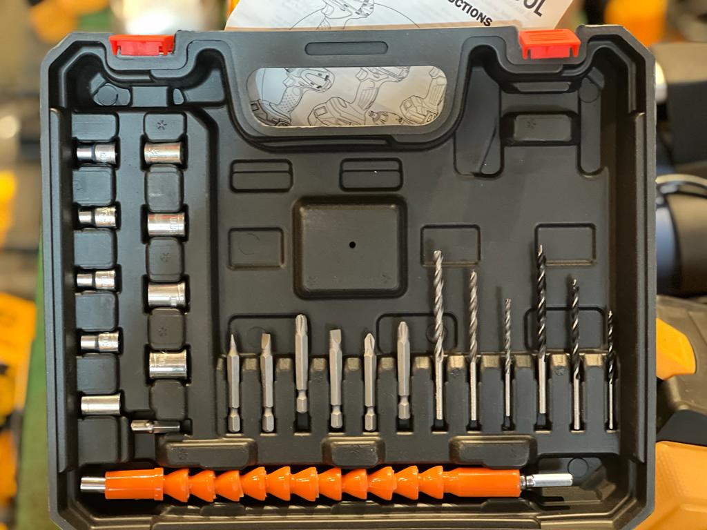 Cordless Drill Machine Kit, 24V, 10Mm Chuck, 25 Accessories, 2 Batteries With Charger And Case,Yellow