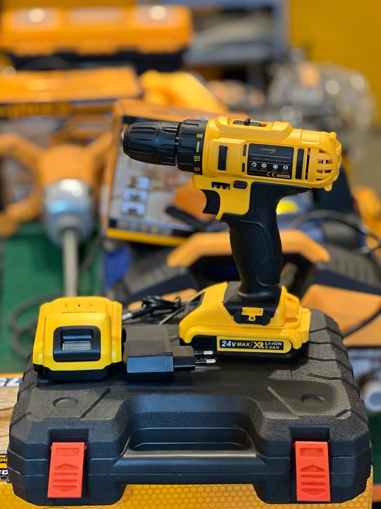 Cordless Drill Machine Kit, 24V, 10Mm Chuck, 25 Accessories, 2 Batteries With Charger And Case,Yellow