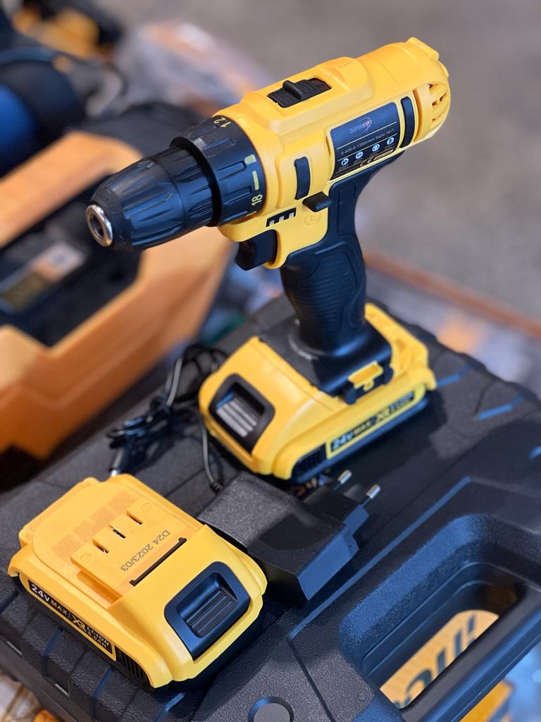 Cordless Drill Machine Kit, 24V, 10Mm Chuck, 25 Accessories, 2 Batteries With Charger And Case,Yellow